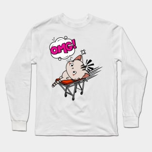 Funny Tabby Cat is on a runaway stretcher Long Sleeve T-Shirt